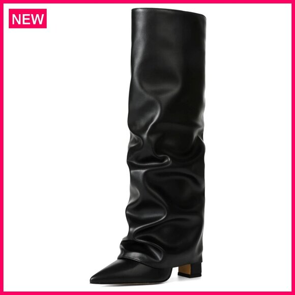Shoes - Slouchy Knee High Boots Pointed Toe Fold Over Chunky Heel Pull On